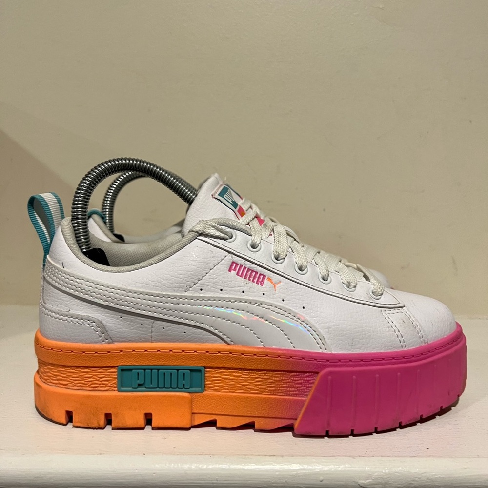 Puma 388313-01 Mayze Daybreak Platform Womens Sneakers Shoes Orange White Sz 6